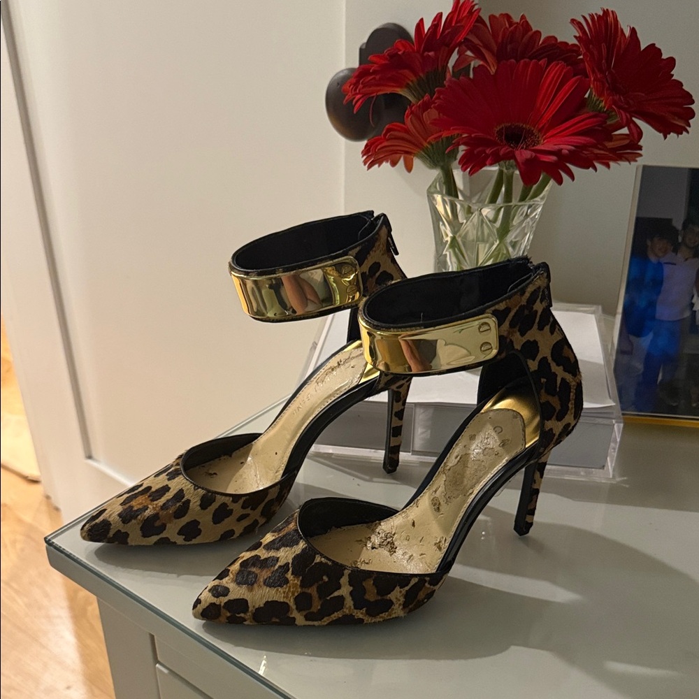 Gianni Bini Leopard Print Heels with Gold Straps